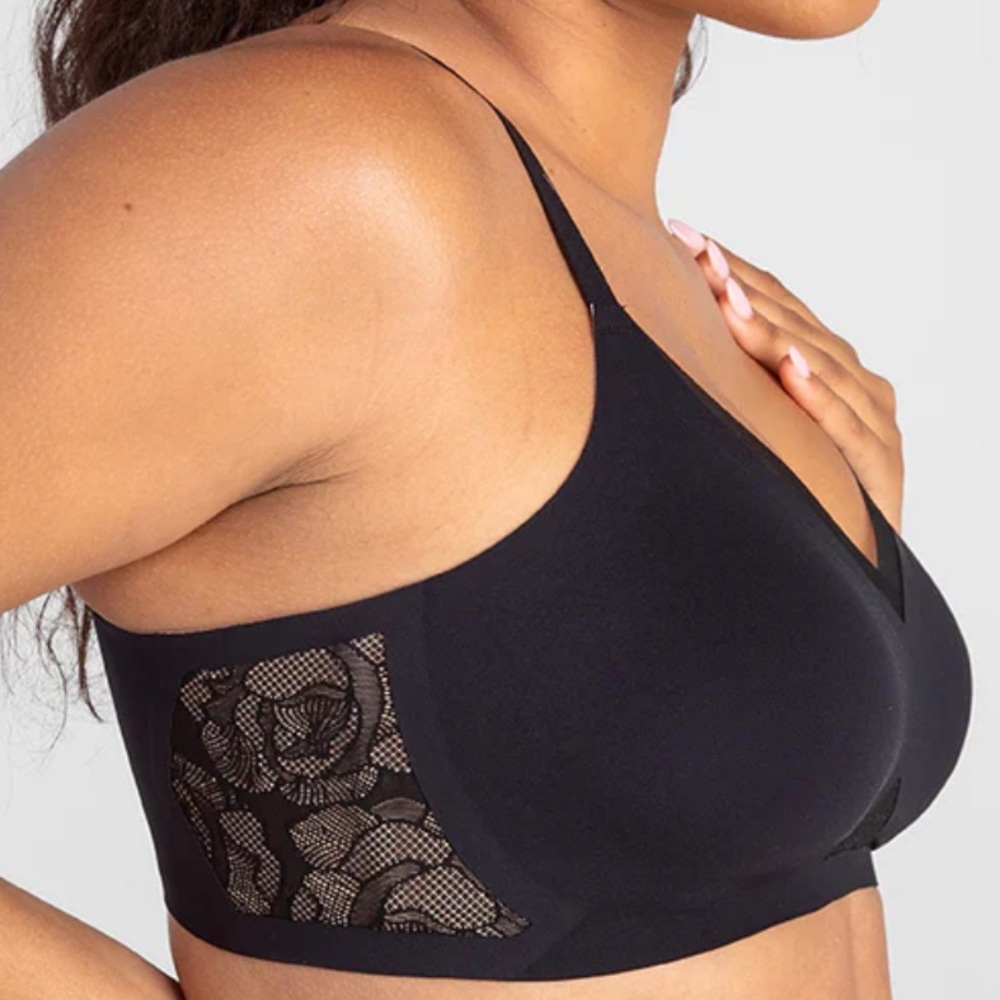 Honeylove XL CrossOver Bra Wireless Mesh Nylon Smooth Super Soft Black Lace
